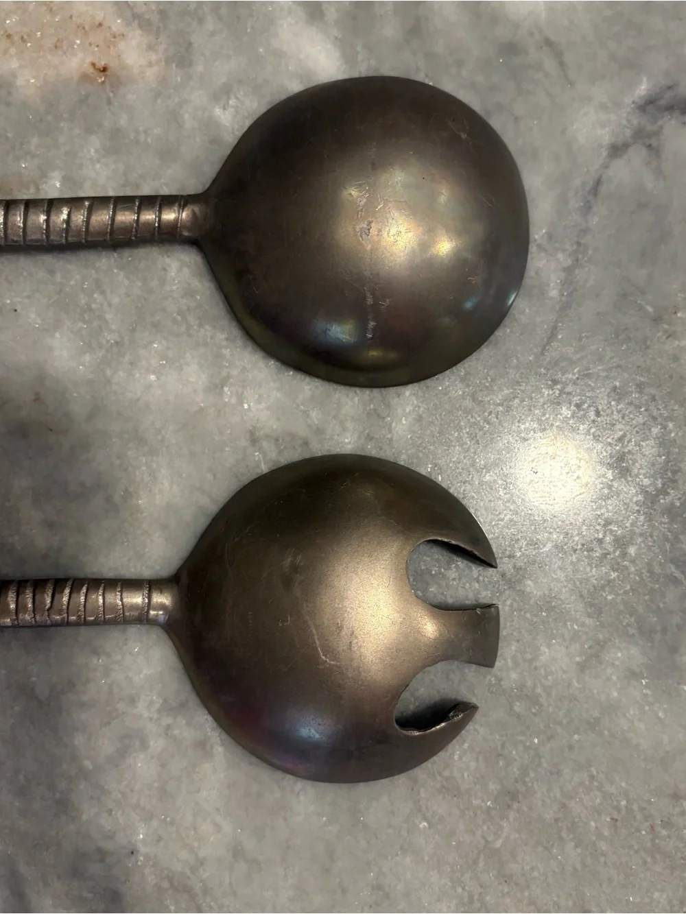 Vintage Pewter Palm Salad Serving Set Palmetto Tree Spoon Slotted Fork Coastal